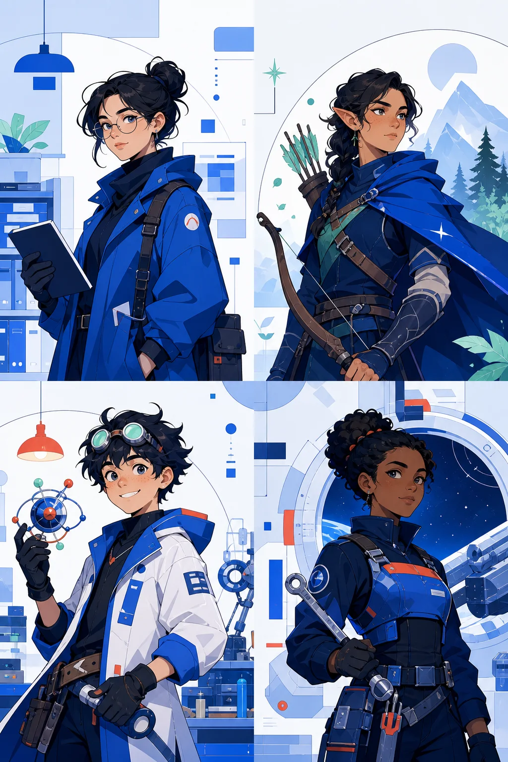 Four original characters in a blue modular illustration: an urban archivist, a fantasy ranger, a young inventor, and a space-station mechanic